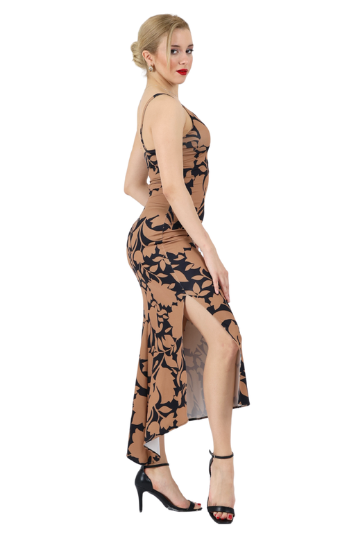 Abstract Floral Midi Dress With Asymmetric Neckline
