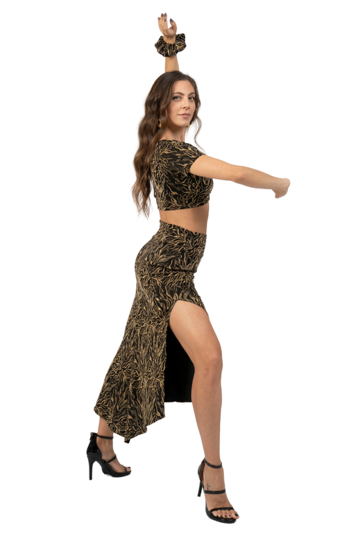 Abstract Vines Print Midi Skirt With Side Slit