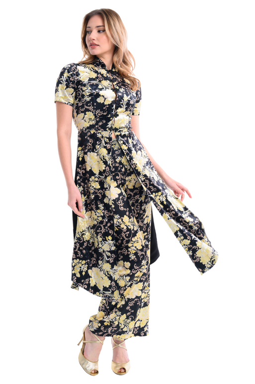 Asian Floral Print Long Top With Slits