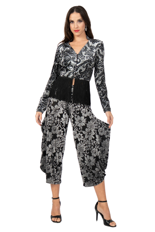 Damask Print Long Sleeve Fringed Hem Top