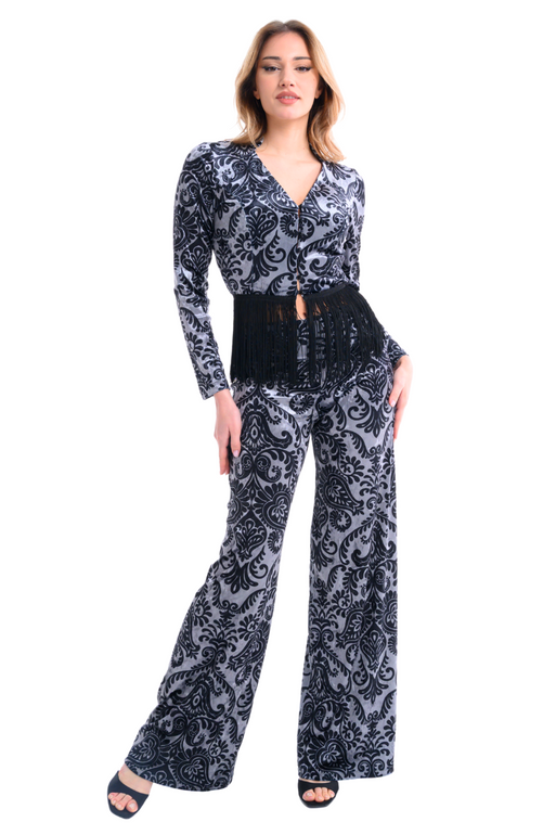 Damask Print Long Sleeve Fringed Hem Top