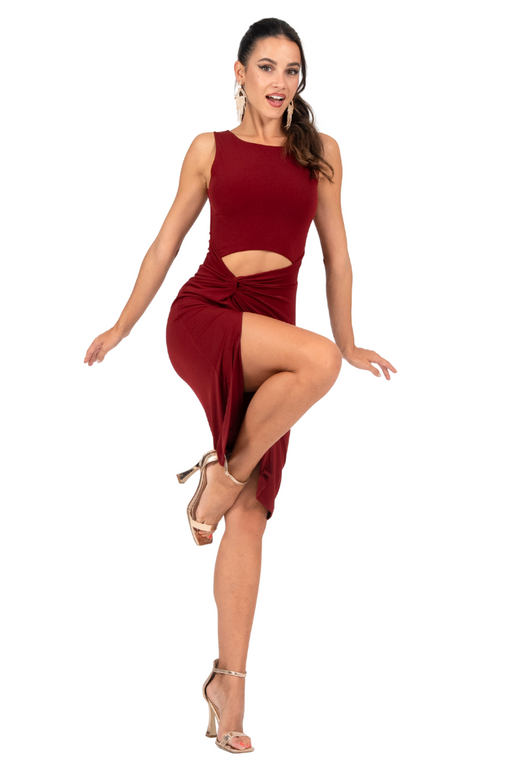 Front Cutout Knot Detail Midi Dress With Slit
