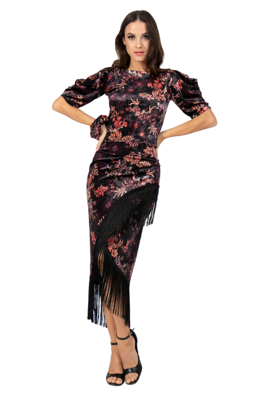 Oriental Floral Print Velvet Wrap Skirt With Fringe
