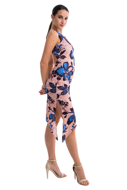Peach & Blue Floral Open Back Asymmetric Dress