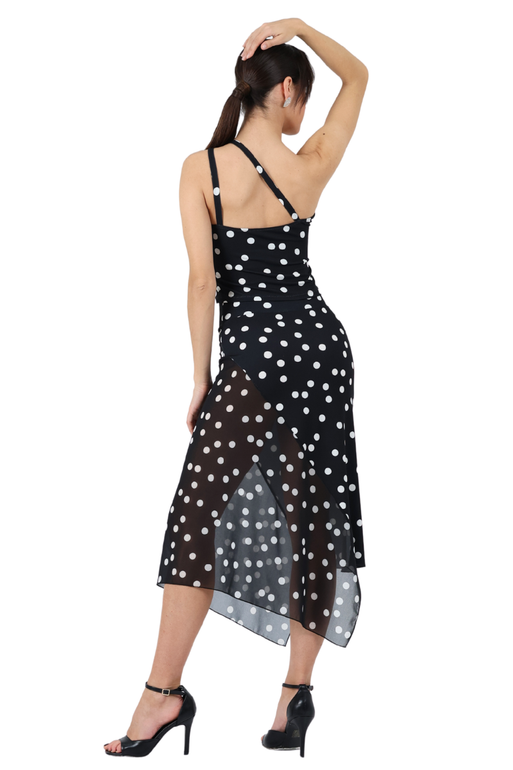 Polka Dot Asymmetric Midi Tango Skirt With Panel