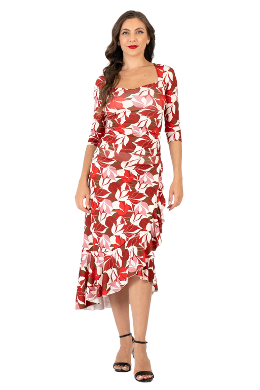 Red Botanic Print Ruffle Hem Wrap Dance Skirt