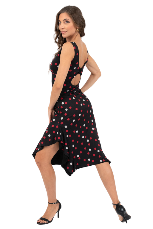 Reversible Polka Dot & Black Tango Dress with Side Ruffles