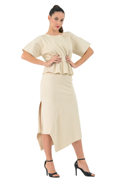 Ribbed Sand Asymmetric Midi Skirt With Side Slit