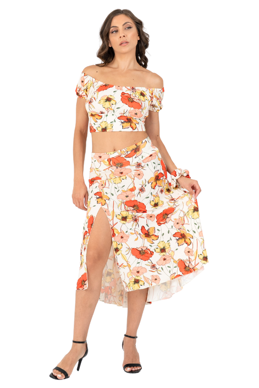 Wild Poppy Print Tango Skirt With Right Slit