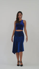 Load and play video in Gallery viewer, Gathered Velvet Tango Skirt with Slits (S) (Electric Blue Velvet)
