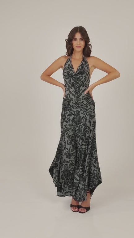 Damask Print Halterneck Flowy Jumpsuit