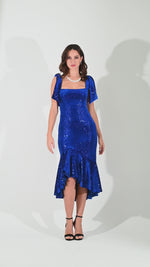 Load and play video in Gallery viewer, Sequin Velvet Ruffled Dress With Bow Details
