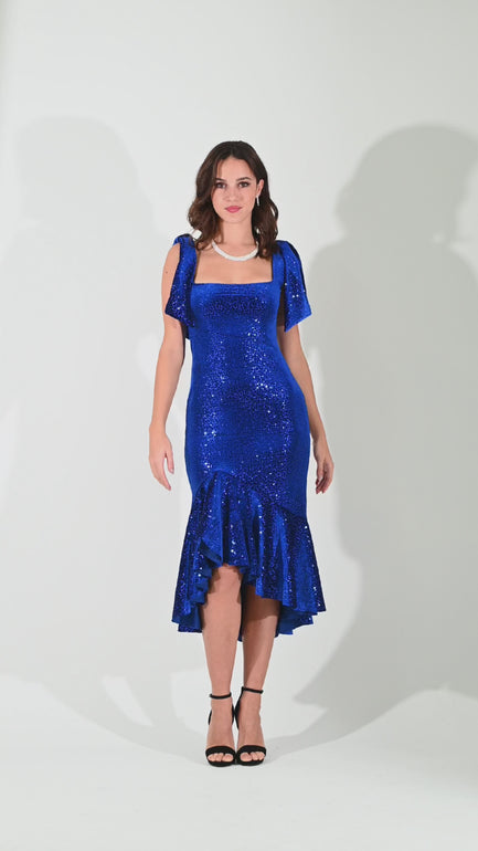 Sequin Velvet Ruffled Dress With Bow Details