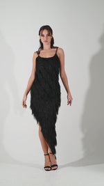 Load and play video in Gallery viewer, Black Shimmer Soft Fringed Asymmetric Dress
