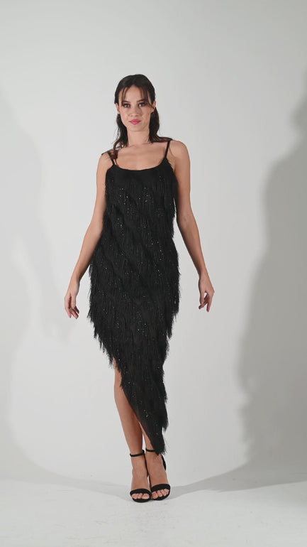 Black Shimmer Soft Fringed Asymmetric Dress