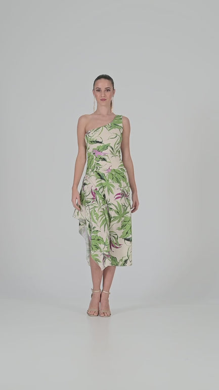 Leaf Print One-Shoulder Keyhole Back Tango Dress With Side Draping