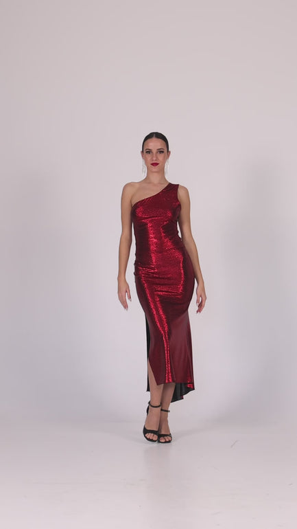 Red Metallic One-Shoulder Tango Dress With Side Slit