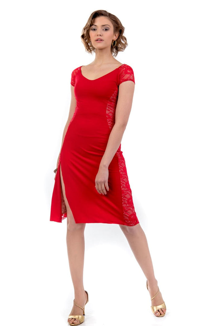 Red Elegant Tango Dress With Lace Back & Sides