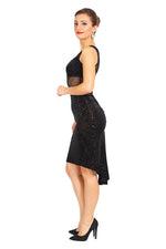 Load image into Gallery viewer, Black Velvet Tango Dress with Tulle details and Ruched Fishtail Skirt