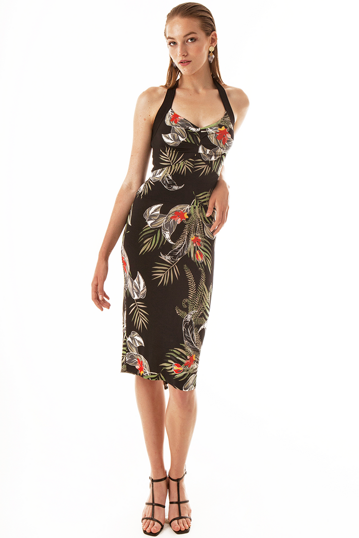 Tropical Print Dress With Ruched V-Neck