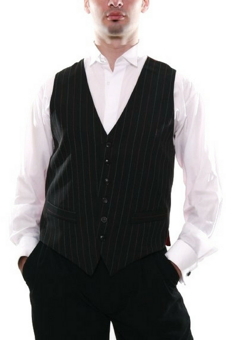 Men's black tango vest with regular white stripes & red satin back