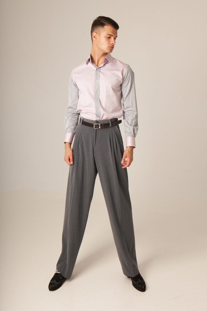 Grey Tango Pants With Four Pleats And Decorative Back Waistline