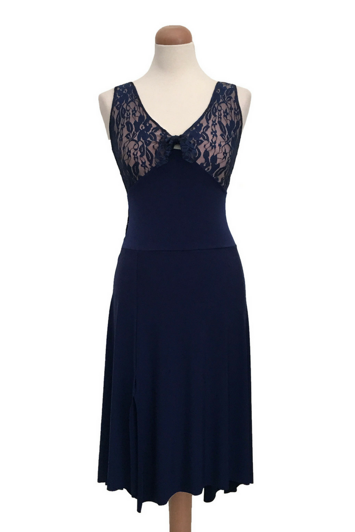 Crisscross Tango Dress with Lace & Back Draping - Dark blue