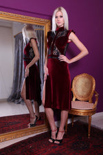 Load image into Gallery viewer, Burgundy Velvet Tango Dress with Lace Details
