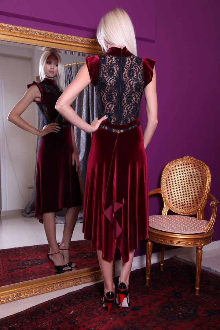 Burgundy Velvet Tango Dress with Lace Details