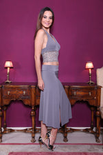 Load image into Gallery viewer, conDiva Gray Jersey Tango Crop Top With Lace