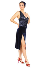 Load image into Gallery viewer, Dark Blue Velvet Tango Dress with Sequins

