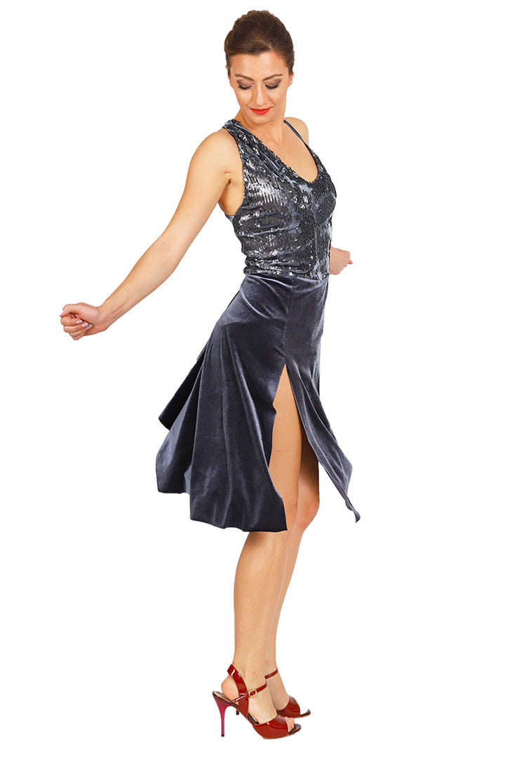Dark Gray Velvet Tango Dress with Sequins