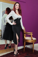 Load image into Gallery viewer, conDiva Black and White Long-sleeve Tango Dress with Crisscross Back