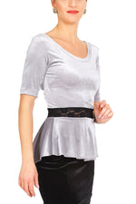 Load image into Gallery viewer, Silver Velvet Top With Ruffled And Lace Details