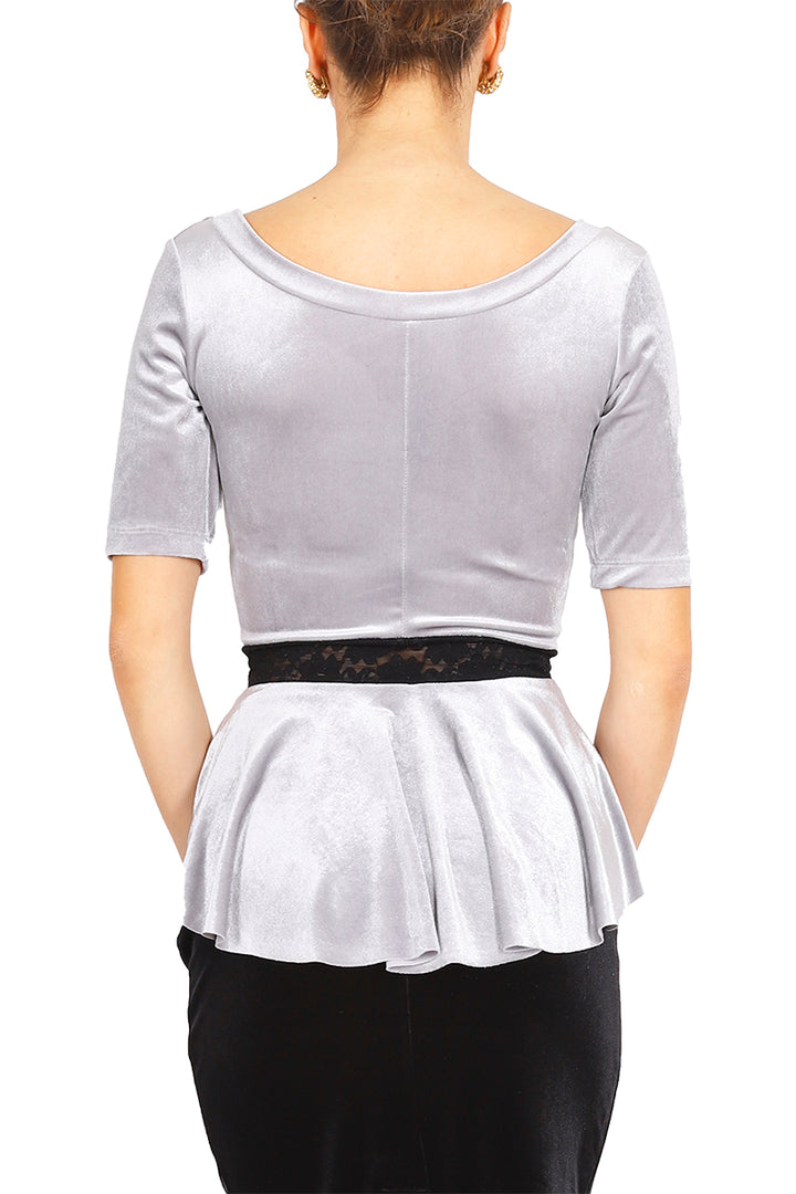 Silver Velvet Top With Ruffled And Lace Details
