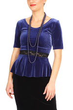 Load image into Gallery viewer, Dark Blue Velvet Top With Ruffled And Lace Details