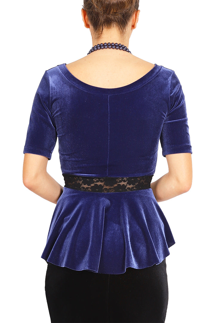 Dark Blue Velvet Top With Ruffled And Lace Details