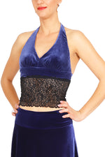 Load image into Gallery viewer, Electric Blue Velvet Tango Crop Top with Lace