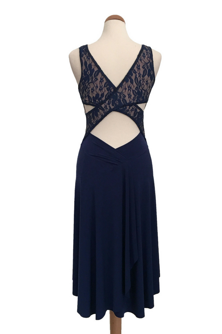 Crisscross Tango Dress with Lace & Back Draping - Dark Blue