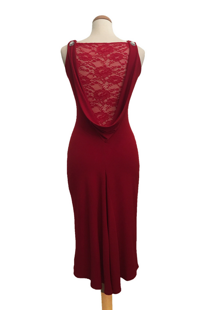 Elegant Tango Dress with Draped Lace Back - Red with Jewels