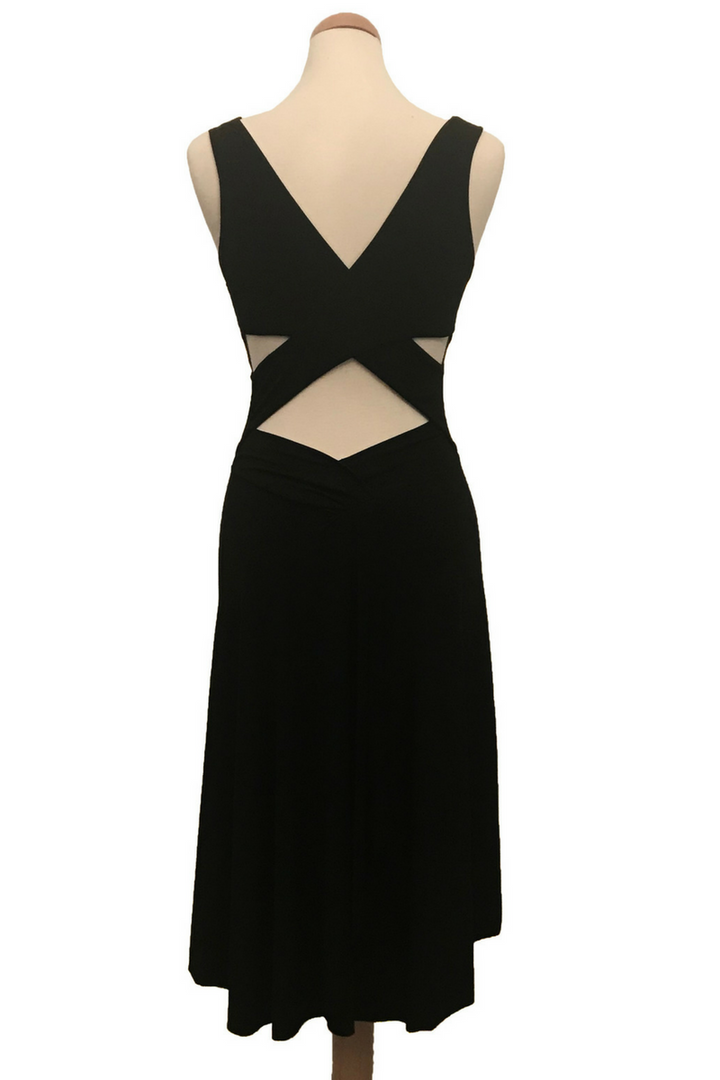 Black tango dress with crisscross back and rich back draping
