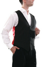 Load image into Gallery viewer, Men&#39;s black tango vest with regular white stripes &amp; red back