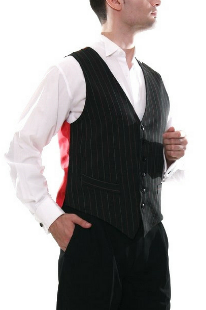 Men's black tango vest with regular white stripes & red back