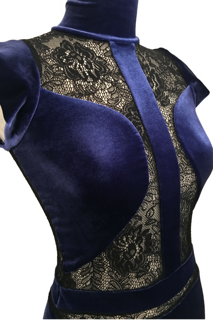 Electric Blue Velvet Tango Dress with Lace Details