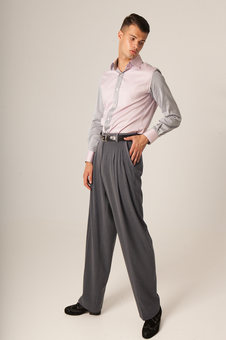 Grey Tango Pants With Four Pleats And Decorative Back Waistline