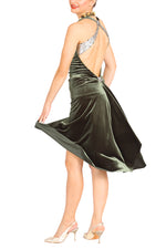 Load image into Gallery viewer, Olive green velvet milonga dress with open back