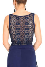 Load image into Gallery viewer, Dark Blue Dance Top With Floral Lace Back