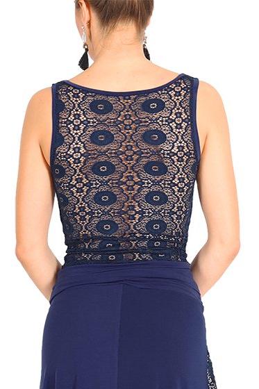Dark Blue Dance Top With Floral Lace Back