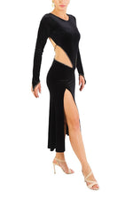 Load image into Gallery viewer, Black Velvet Tango Performance Dress With Long Sleeves
