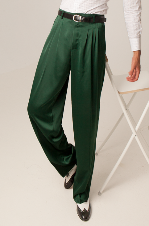 Forest Green Crepe Satin Tango Pants With Four Pleats